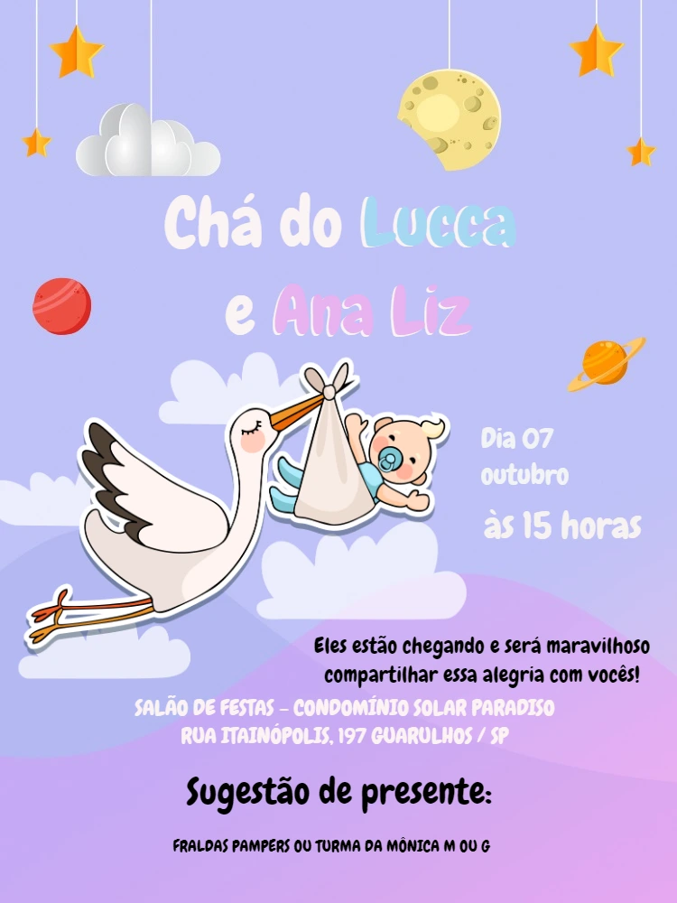 Convite Chá de Bebê Gêmeos Cegonha para Editar Online