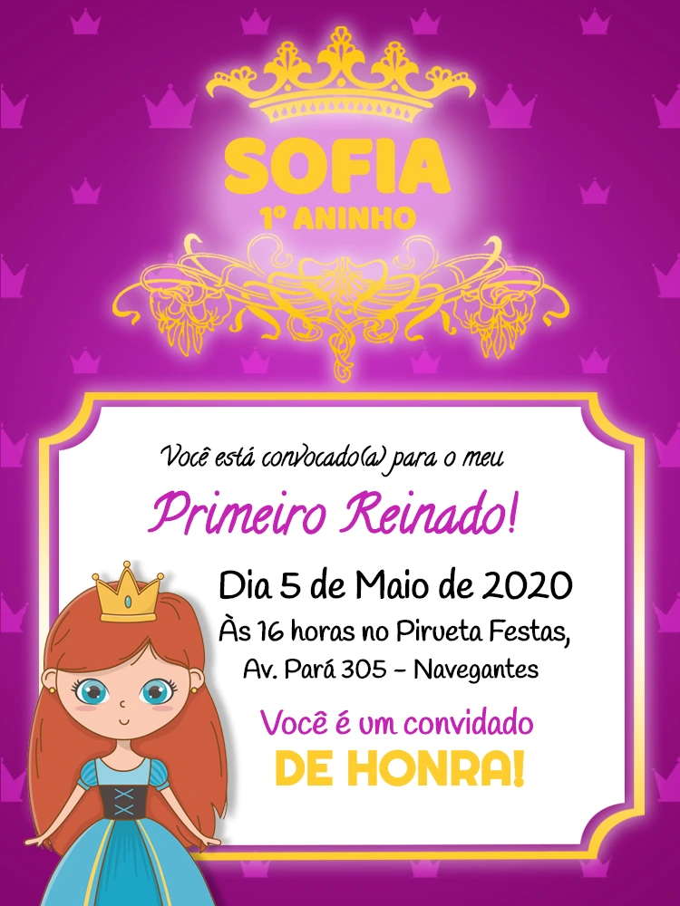 Convite Aniversário Primeiro Reinado Princesa para Editar Online