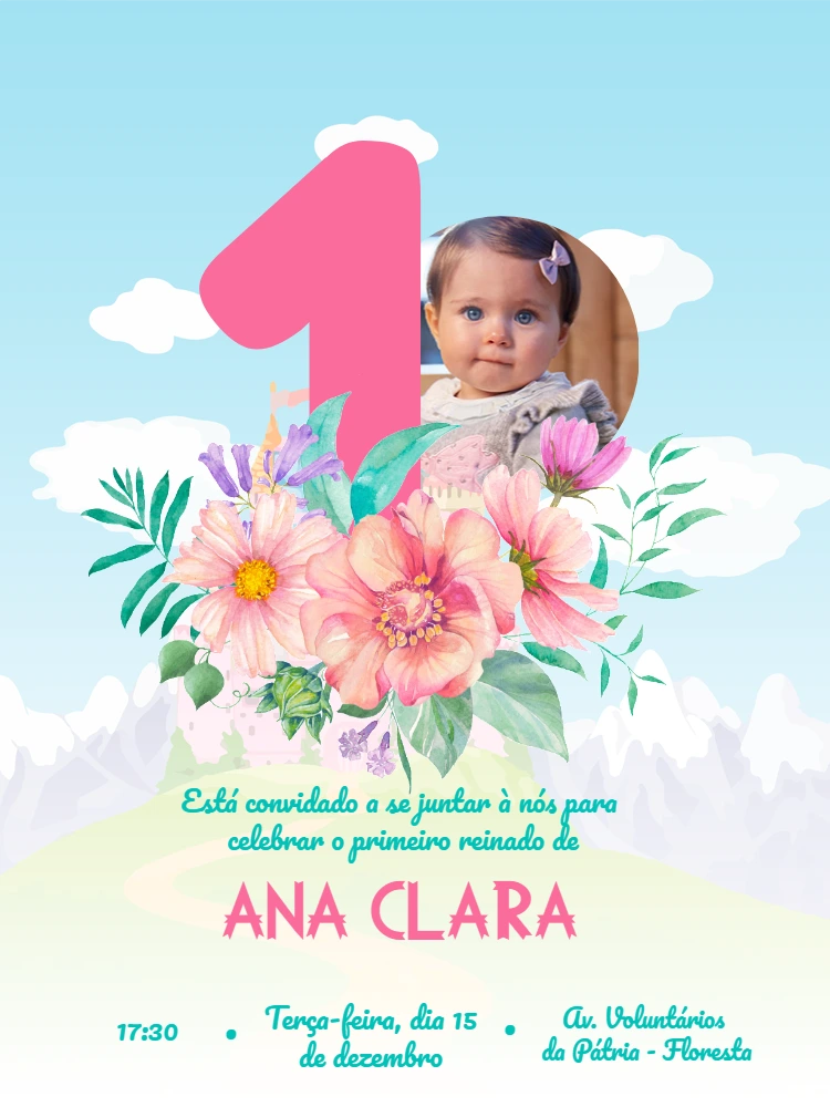 Convite 1º Aniversário Reinado com Foto para Editar Online