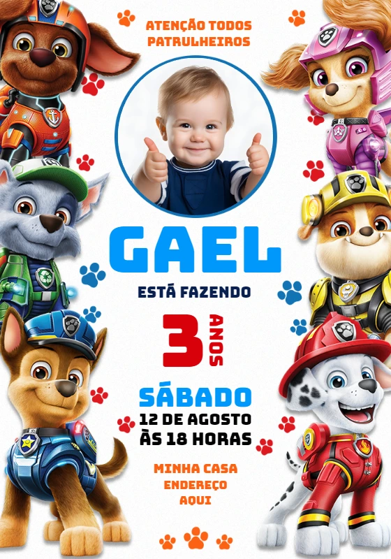 Convite Aniversário Patrulha Canina com Foto para Editar Online