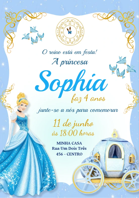 Convite Aniversário Princesa Cinderela para Editar Online