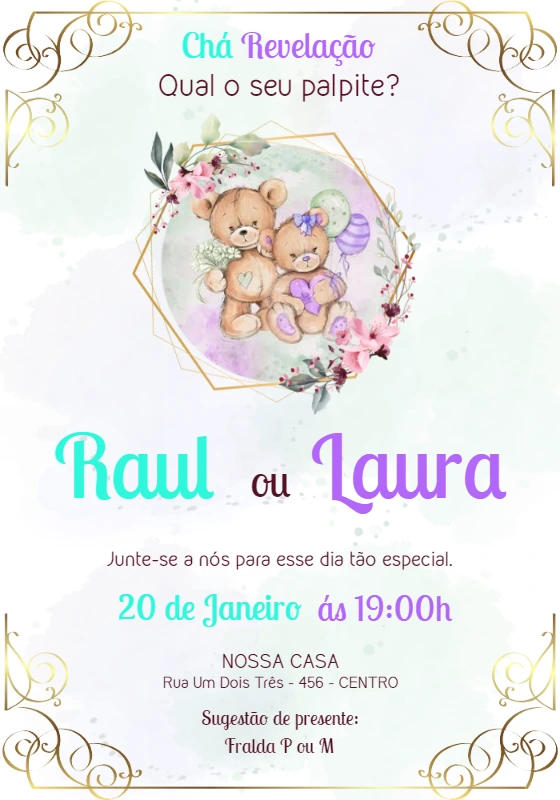 Convite Chá Revelação Ursinhos Fofos para Editar Online
