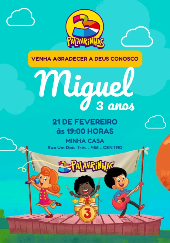 Convite Aniversário 3 Palavrinhas para Editar Online