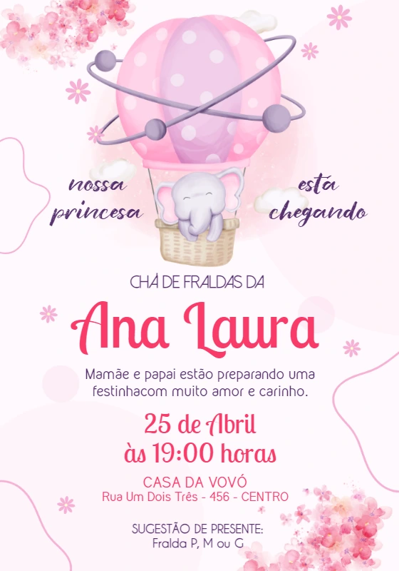 Convite Chá de Fraldas Elefantinha Baloeira para Editar Online