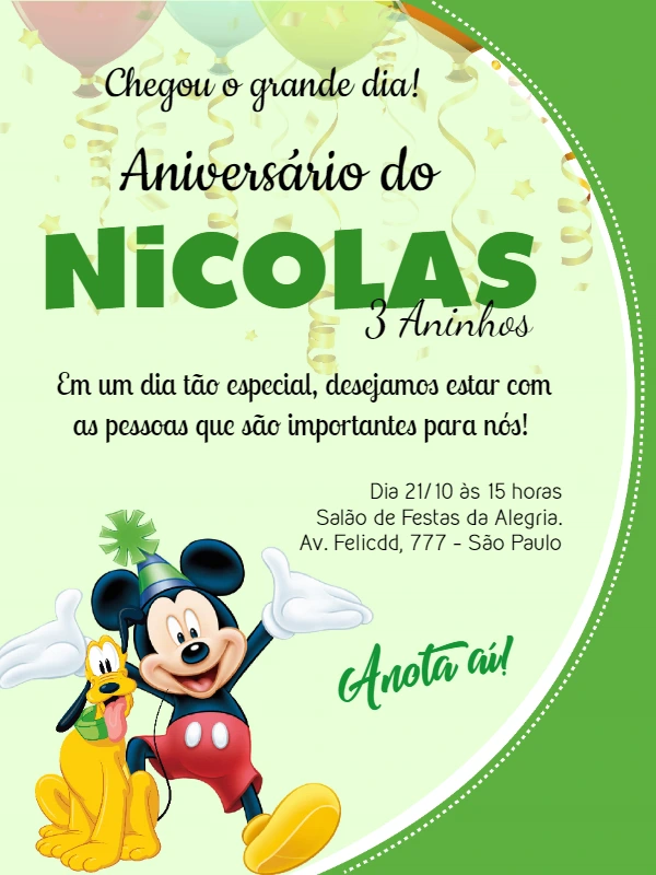 Convite de Aniversário Mickey Mouse para Editar Online