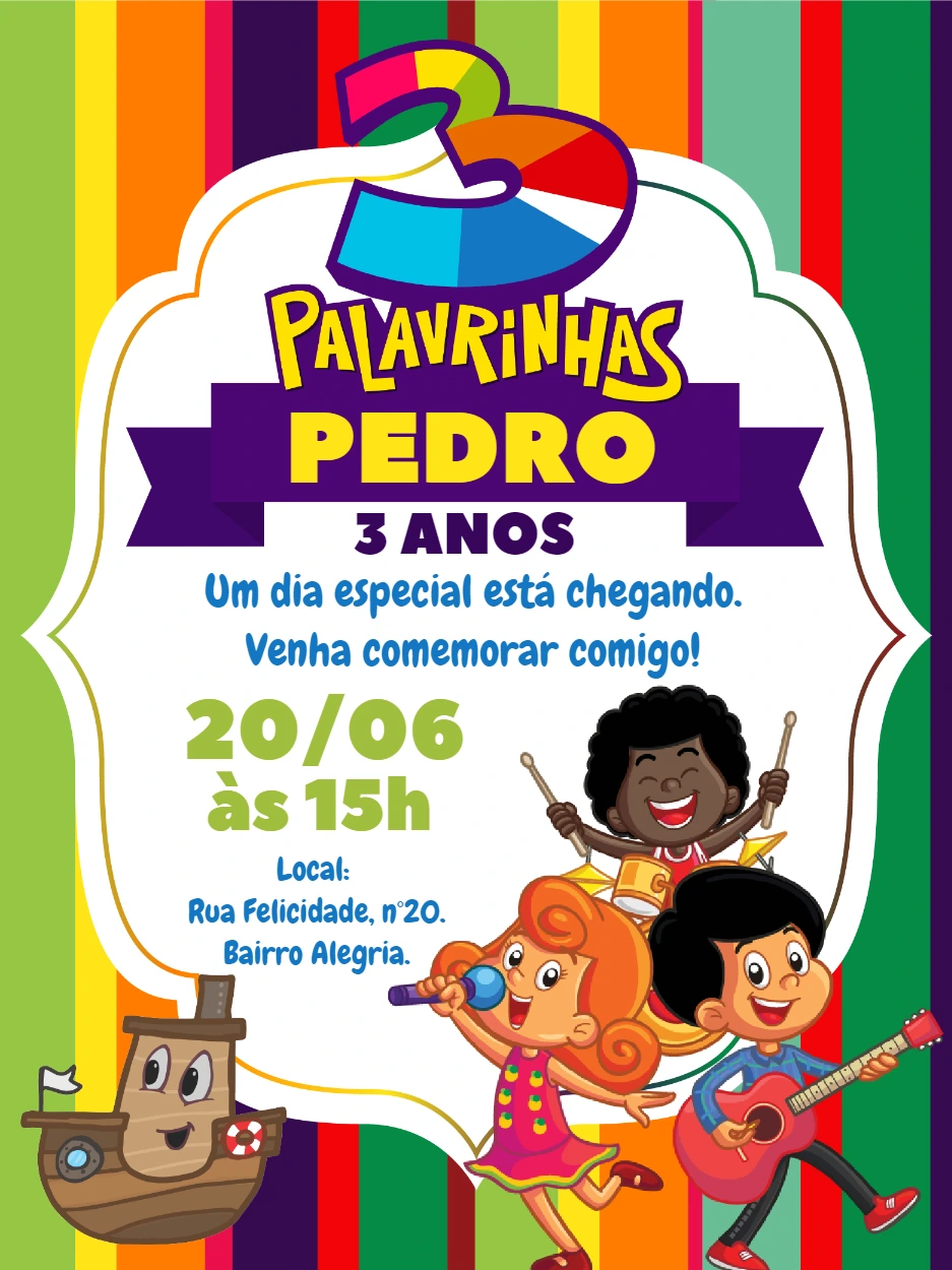 Convite Aniversário 3 Palavrinhas com Personagens para Editar