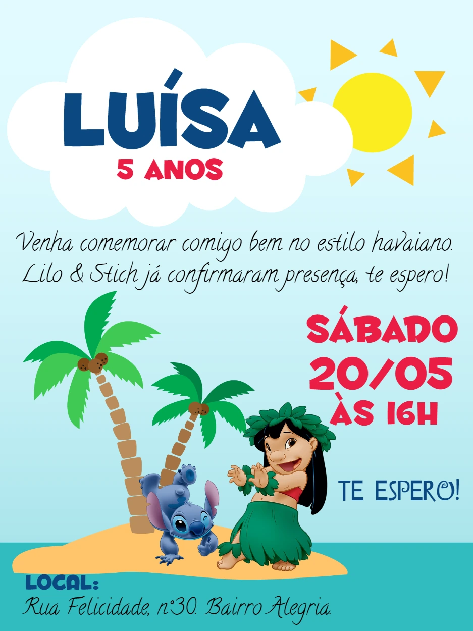 Convite Lilo & Stitch Aniversário Tropical para Editar Online