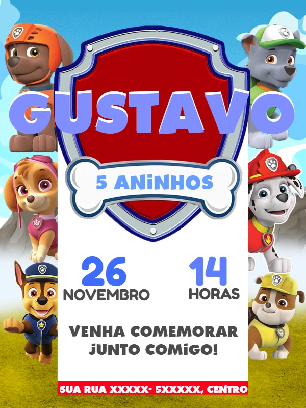 Convite de Aniversário Patrulha Canina para Editar Online