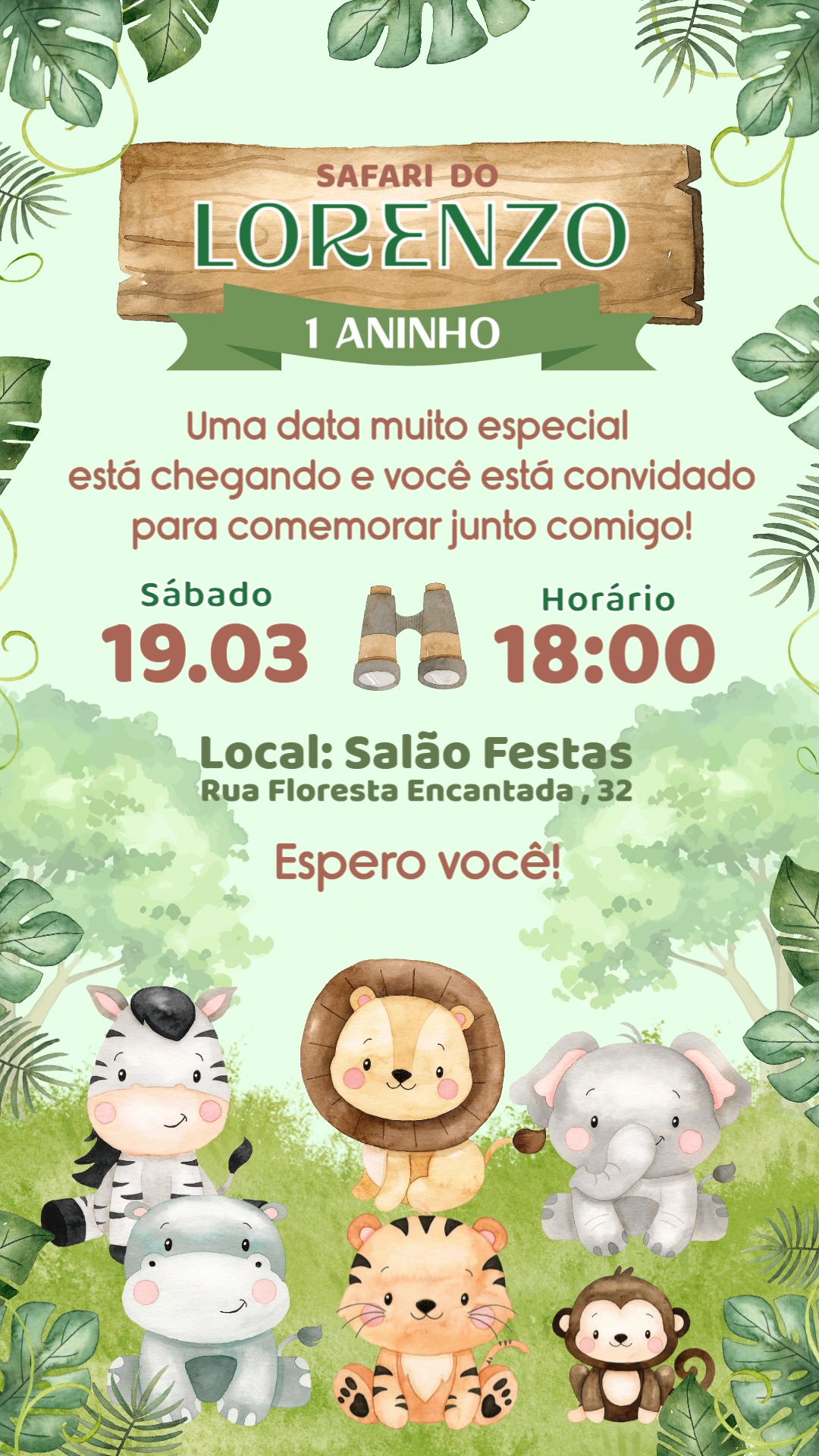 Convite Aniversário Safari com Animais Fofos para Editar Online