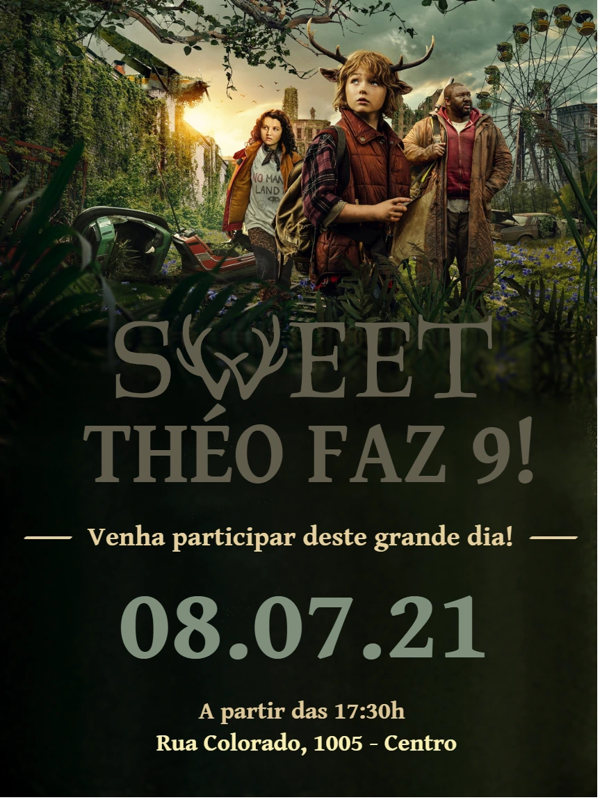 Convite Aniversário Sweet Tooth com Personagens para Editar Online