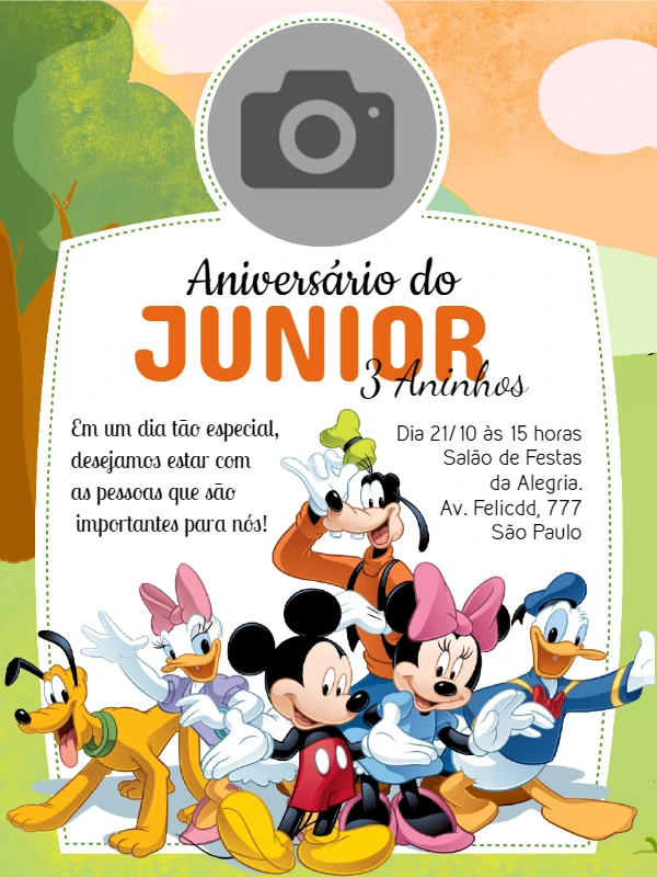 Convite de Aniversário Turma do Mickey com Foto para Editar