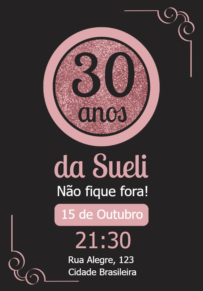 Convite de Aniversário 30 Anos Glitter para Editar Online