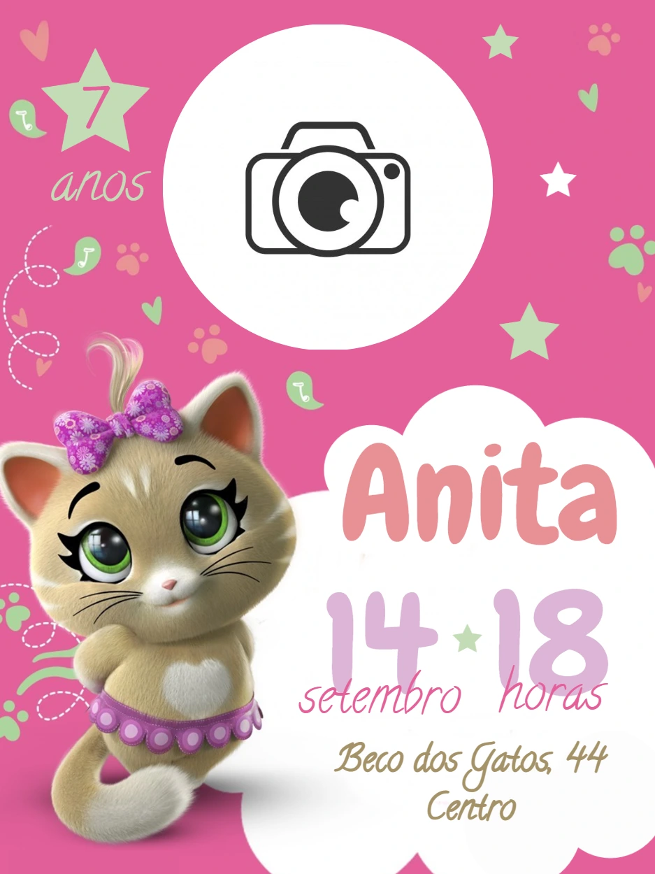 Convite de Aniversário 44 Gatos com Foto para Editar Online