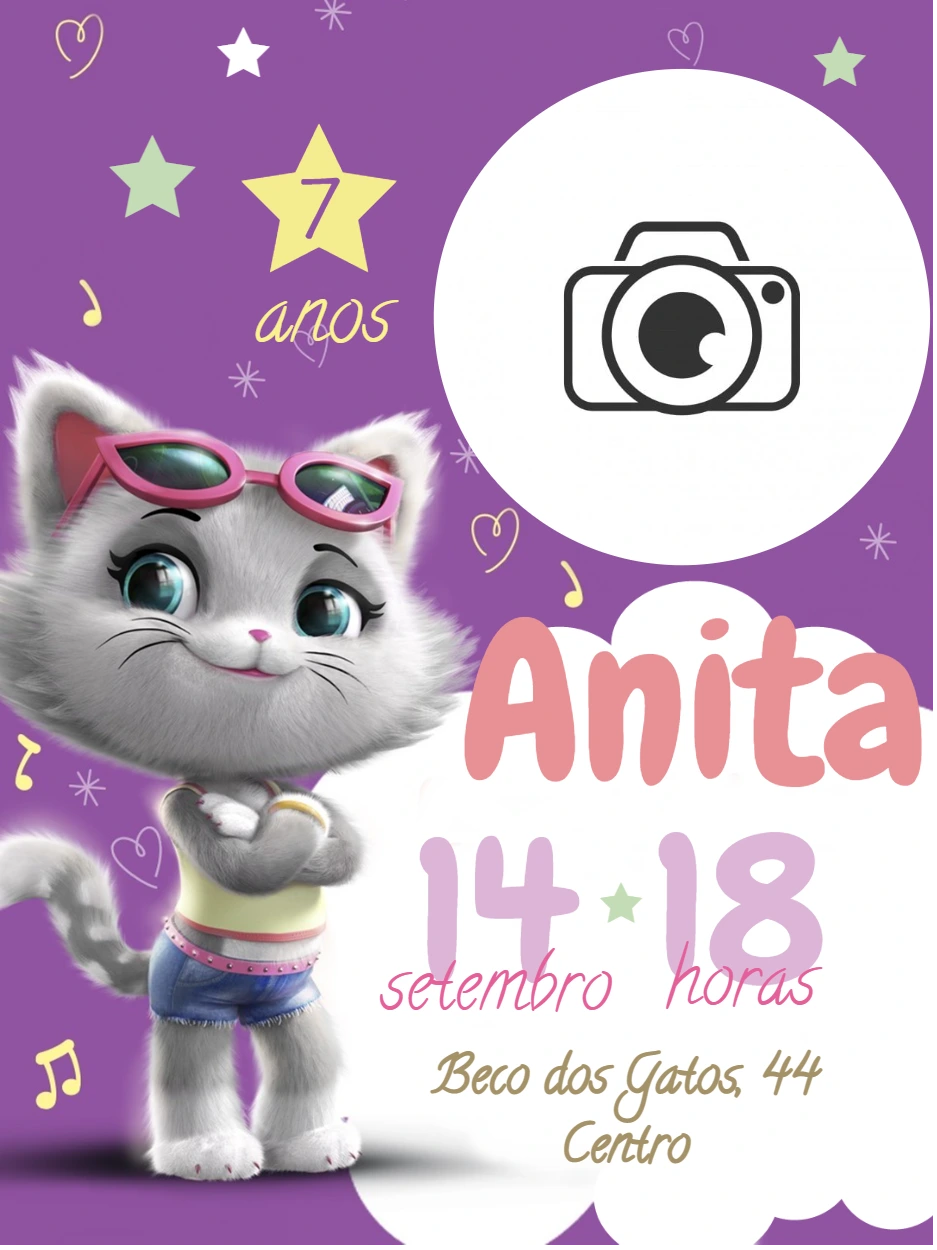 Convite Aniversário 44 Gatos com Foto para Editar Online