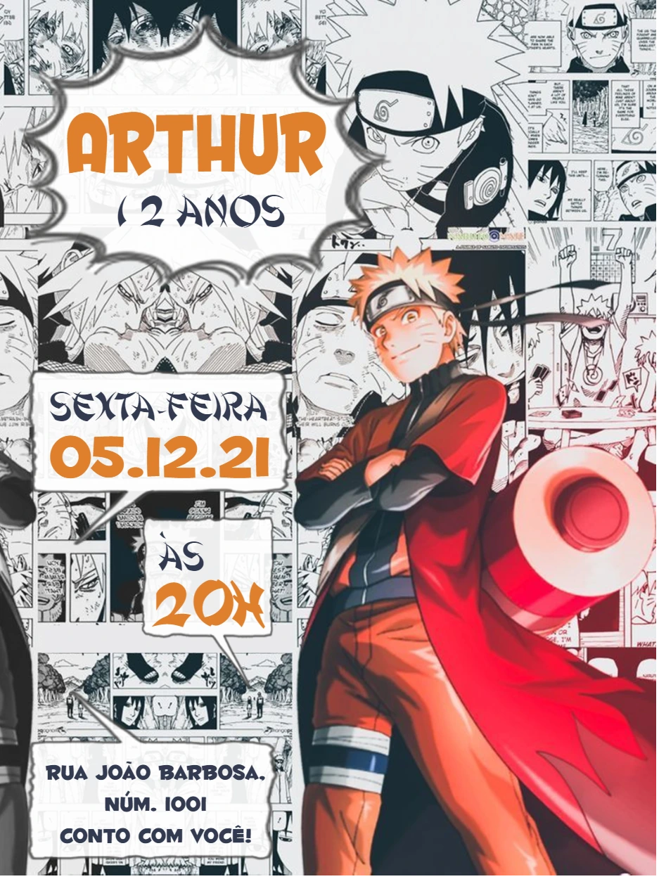 Convite de Aniversário Naruto Quadrinhos para Editar Online