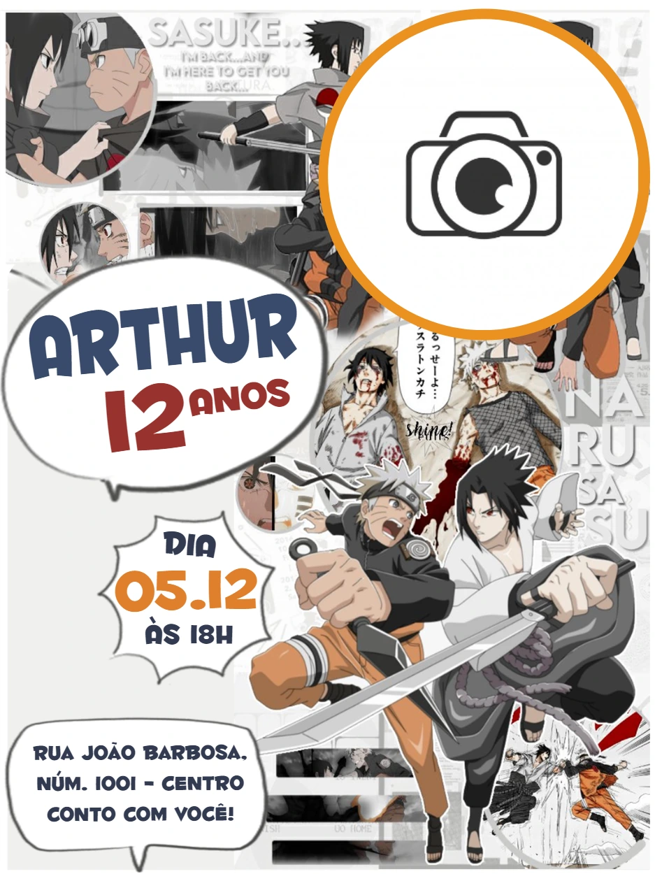 Convite de Aniversário Naruto com Foto Estilo Quadrinhos para Editar