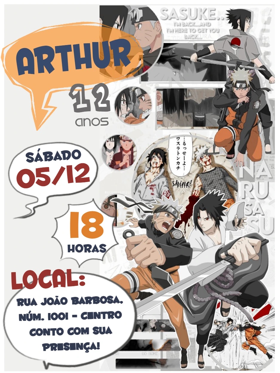 Convite de Aniversário Naruto Quadrinhos para Editar Online