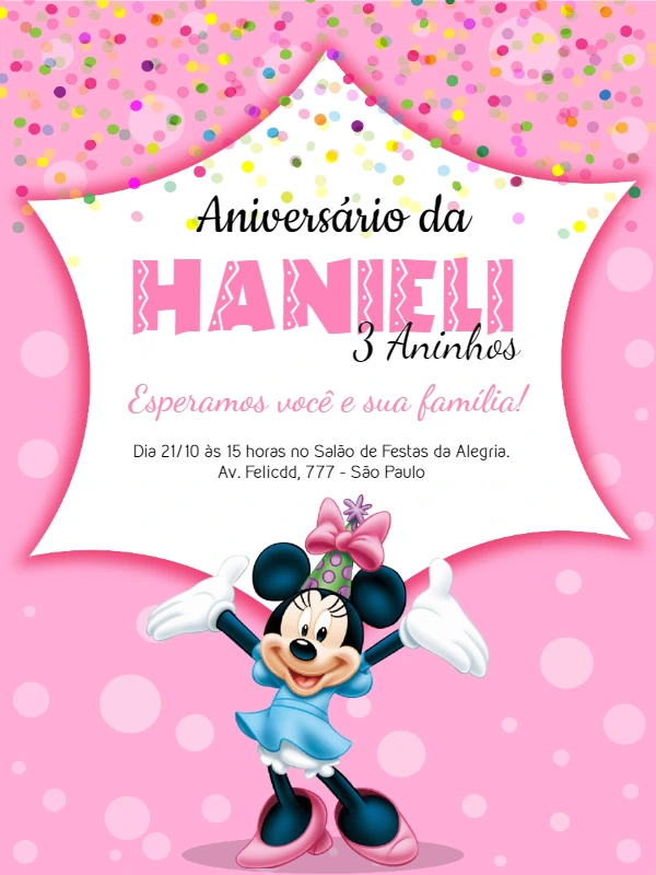 Convite de Aniversário Minnie Mouse Rosa para Editar Online