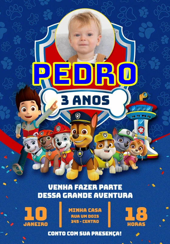 Convite Aniversário Patrulha Canina com Foto para Editar Online
