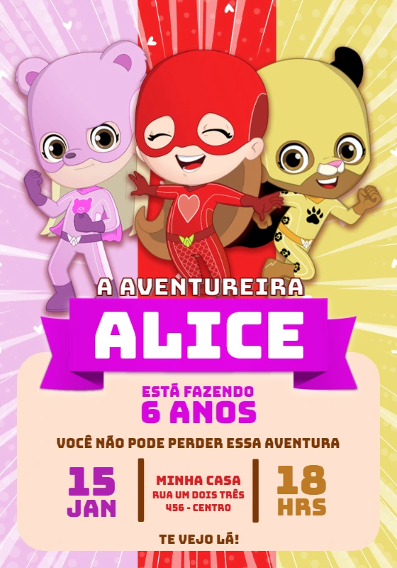 Convite de Aniversário Aventureiras Meninas para Editar Online