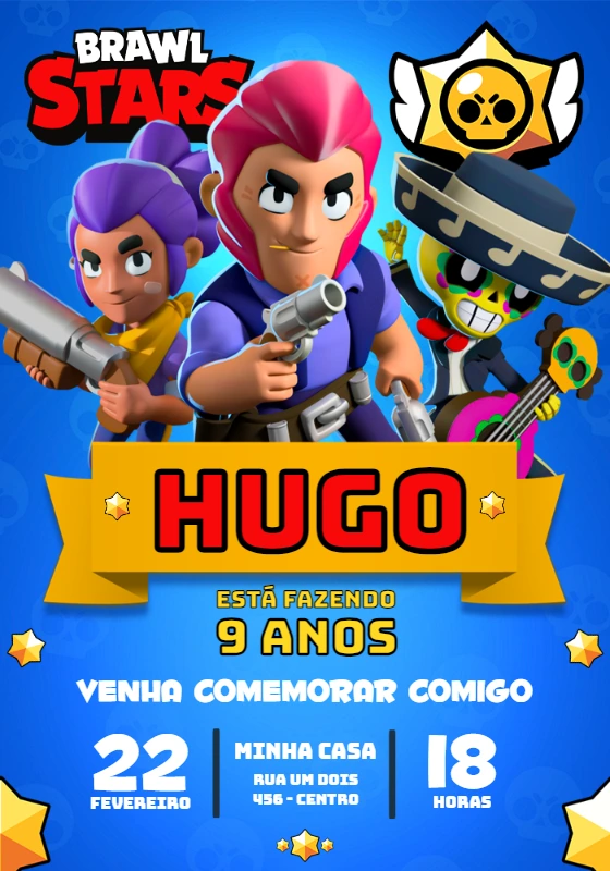 Convite de Aniversário Brawl Stars com Personagens para Editar