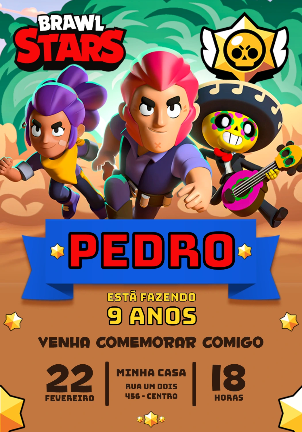 Convite de Aniversário Brawl Stars com Personagens para Editar
