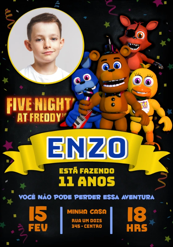 Convite Five Nights at Freddy's com Foto para Editar Online
