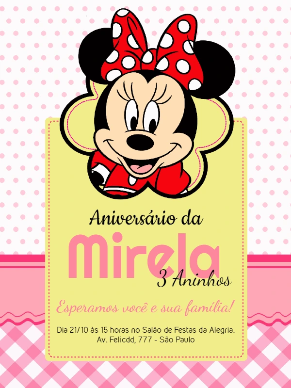 Convite de Aniversário Minnie Mouse Vermelha para Editar