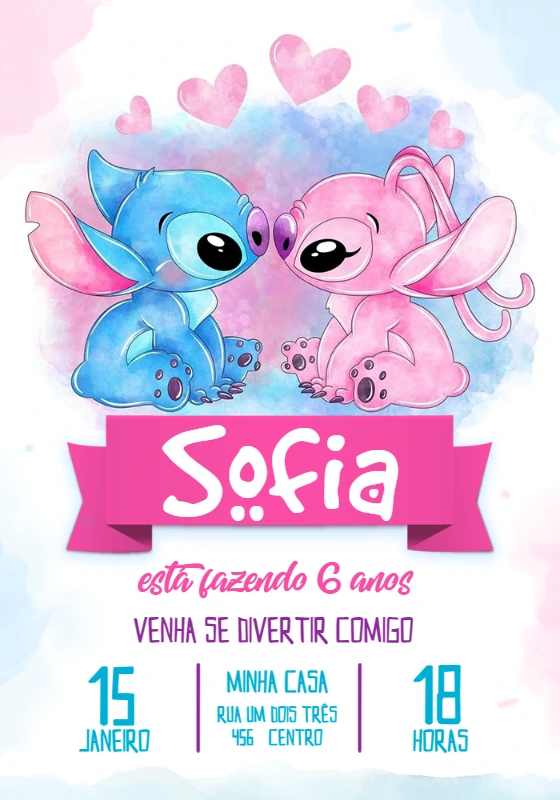 Convite Aniversário Stitch e Angel Aquarela para Editar Online