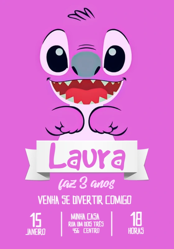 Convite Aniversário Angel Lilo & Stitch para Editar Online