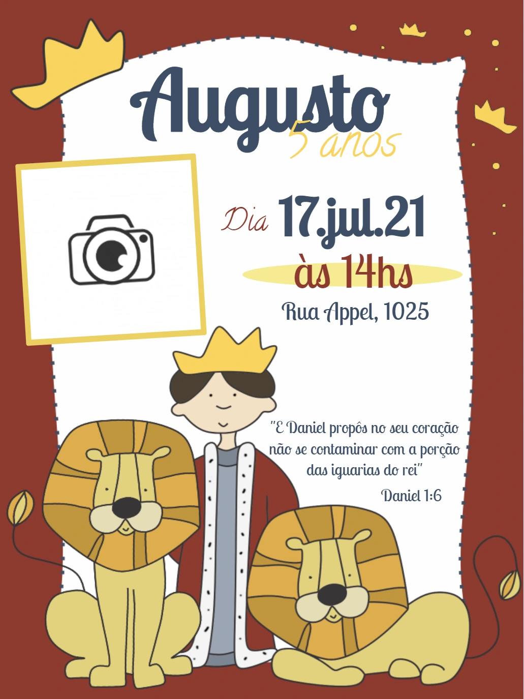 Convite Aniversário Daniel na Cova dos Leões com Foto para Editar