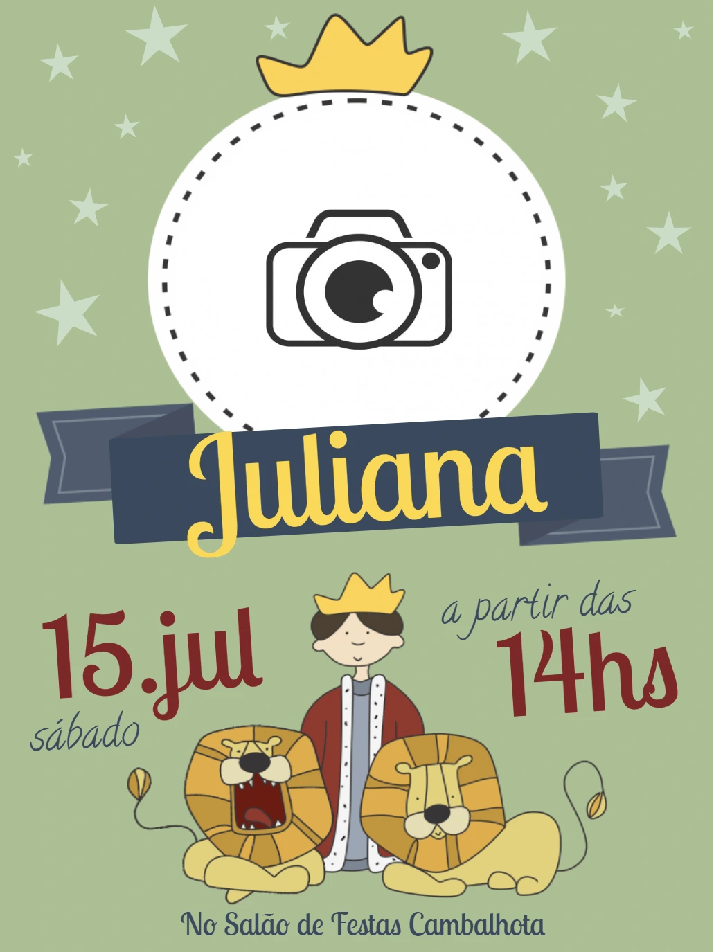 Convite Aniversário Rei e Leões com Foto para Editar Online