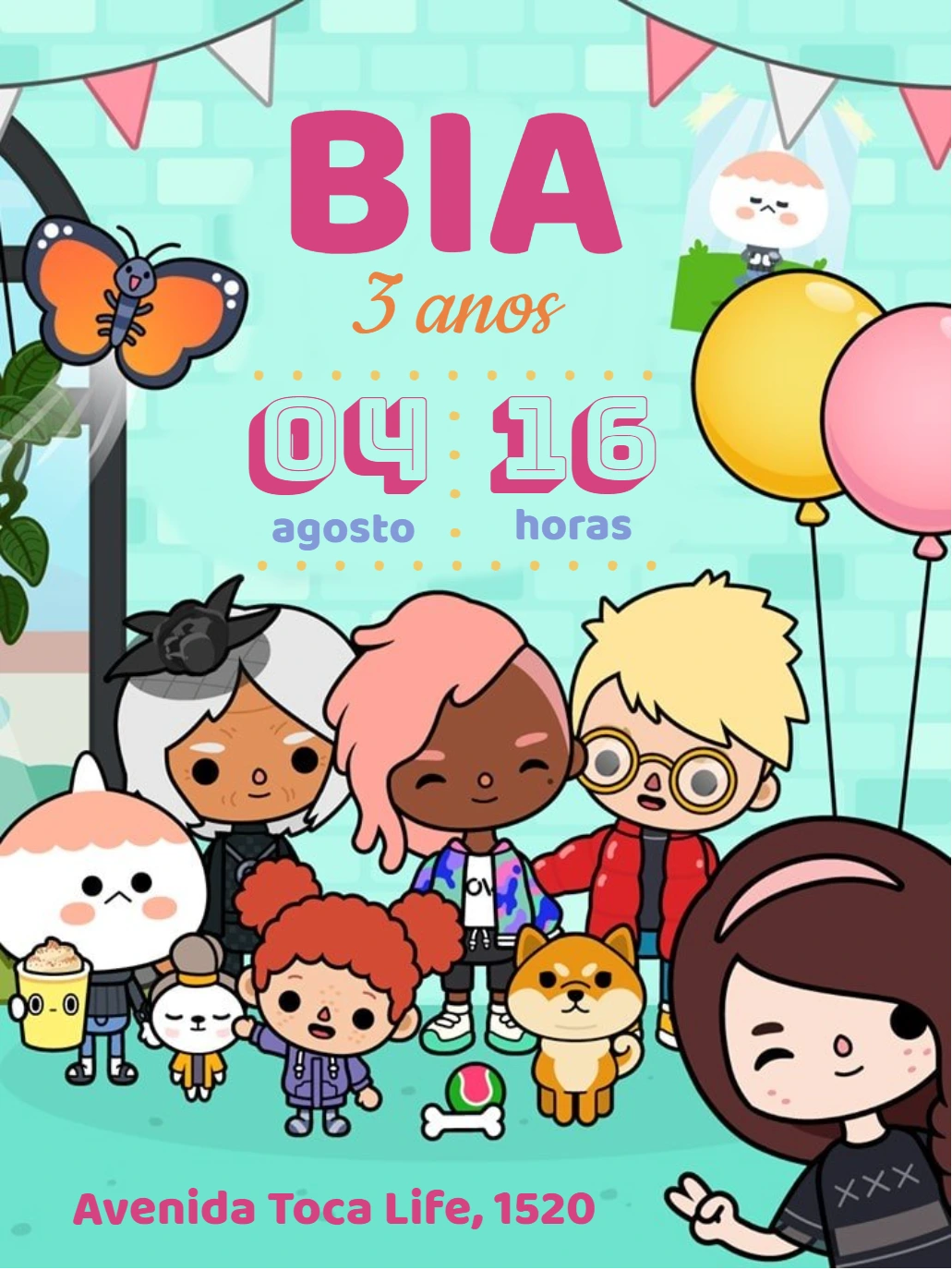 Convite de Aniversário Toca Life com Personagens para Editar