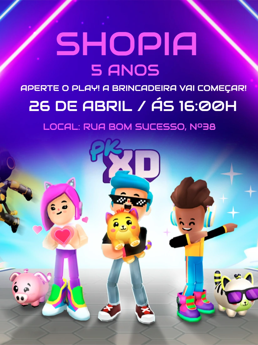 Convite de Aniversário PK XD com Personagens para Editar Online