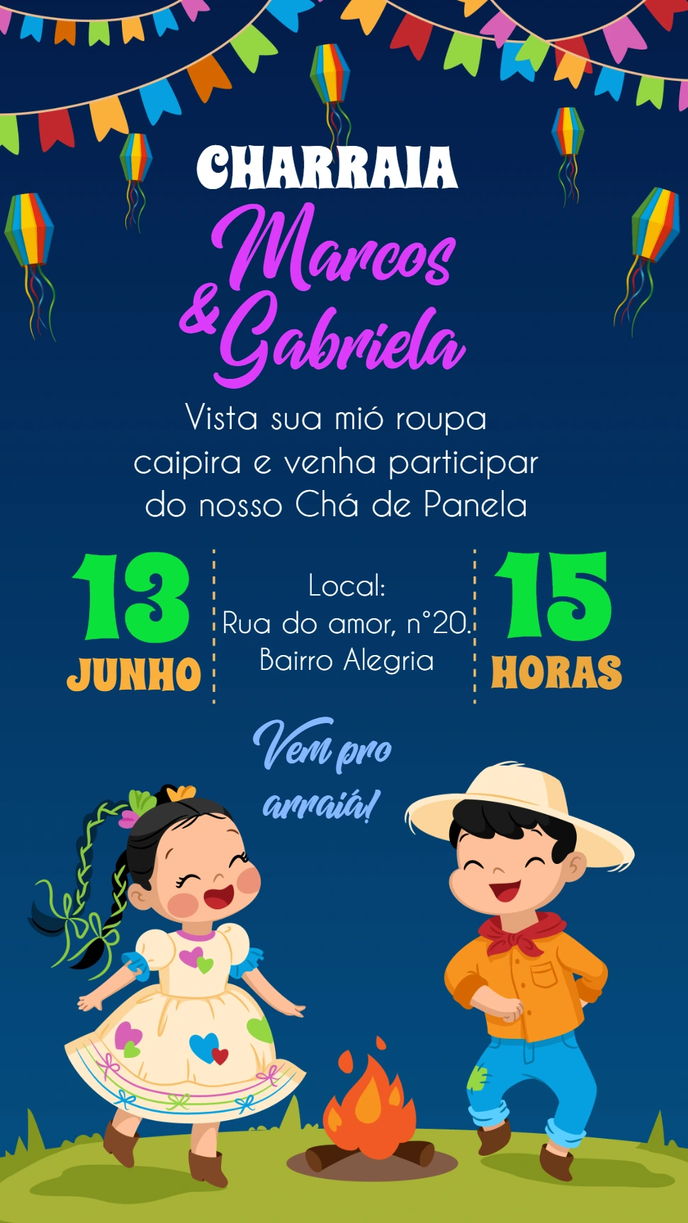 Convite Charraiá Junino com Casal Caipira para Editar Online