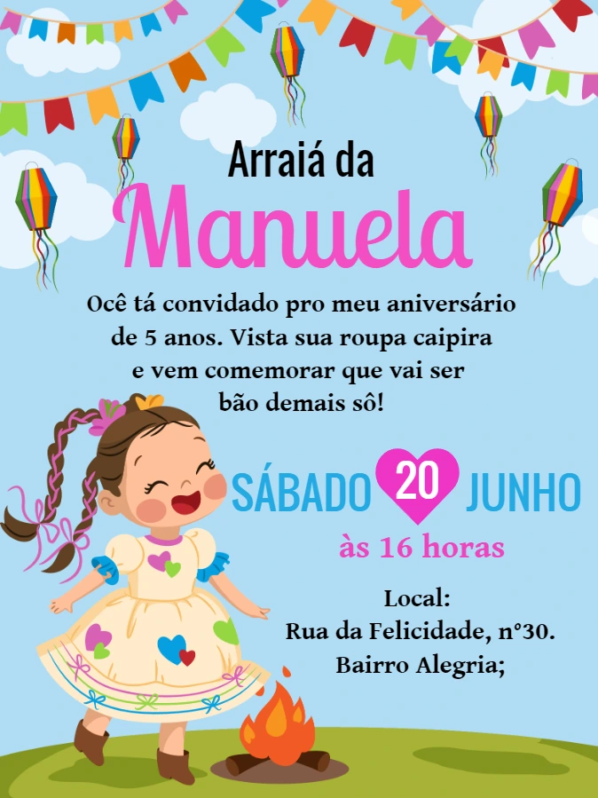 Convite Festa Junina com Menina Caipira para Editar Online