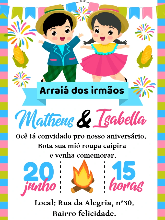 Convite Aniversário Festa Junina Irmãos Caipiras para Editar