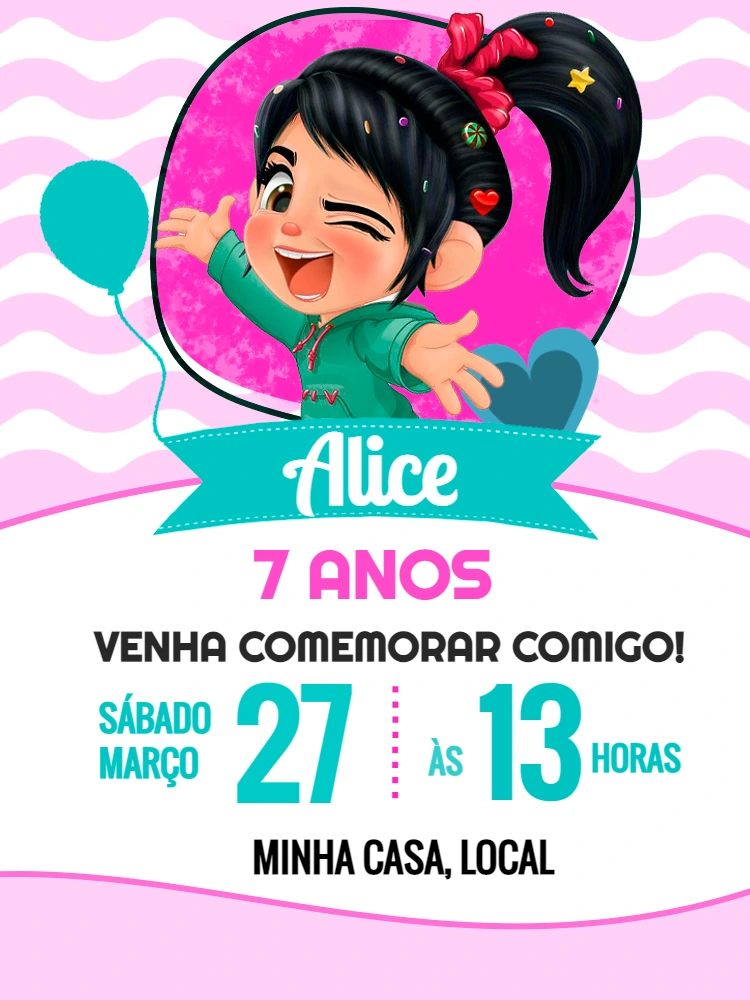Convite Aniversário Vanellope Detona Ralph para Editar Online