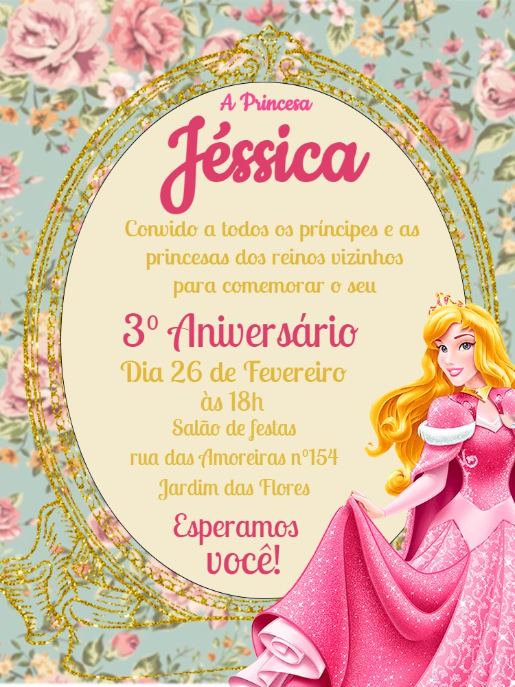 Convite Aniversário Bela Adormecida para Editar Online