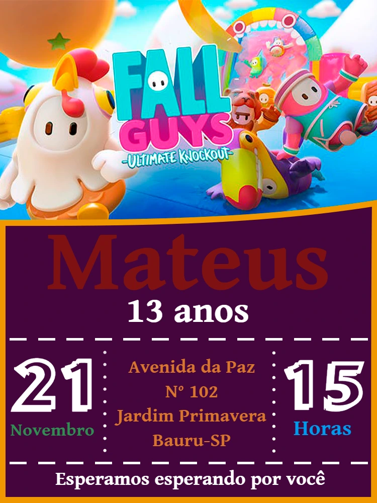 Convite de Aniversário Fall Guys com Personagens para Editar