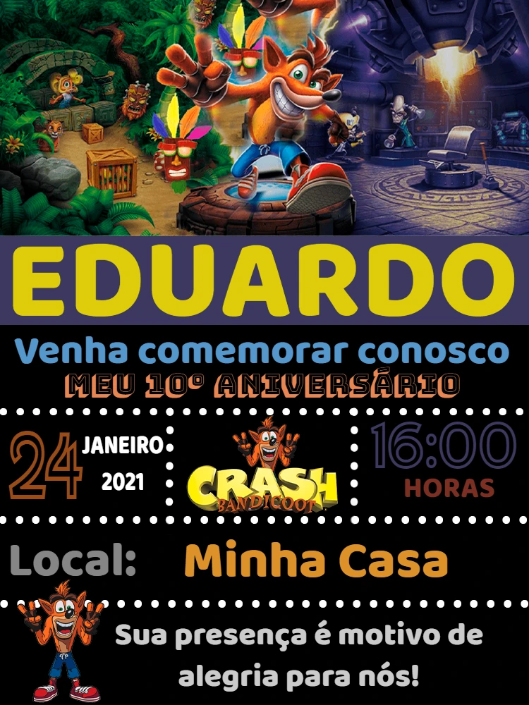 Convite Aniversário Crash Bandicoot para Editar Online