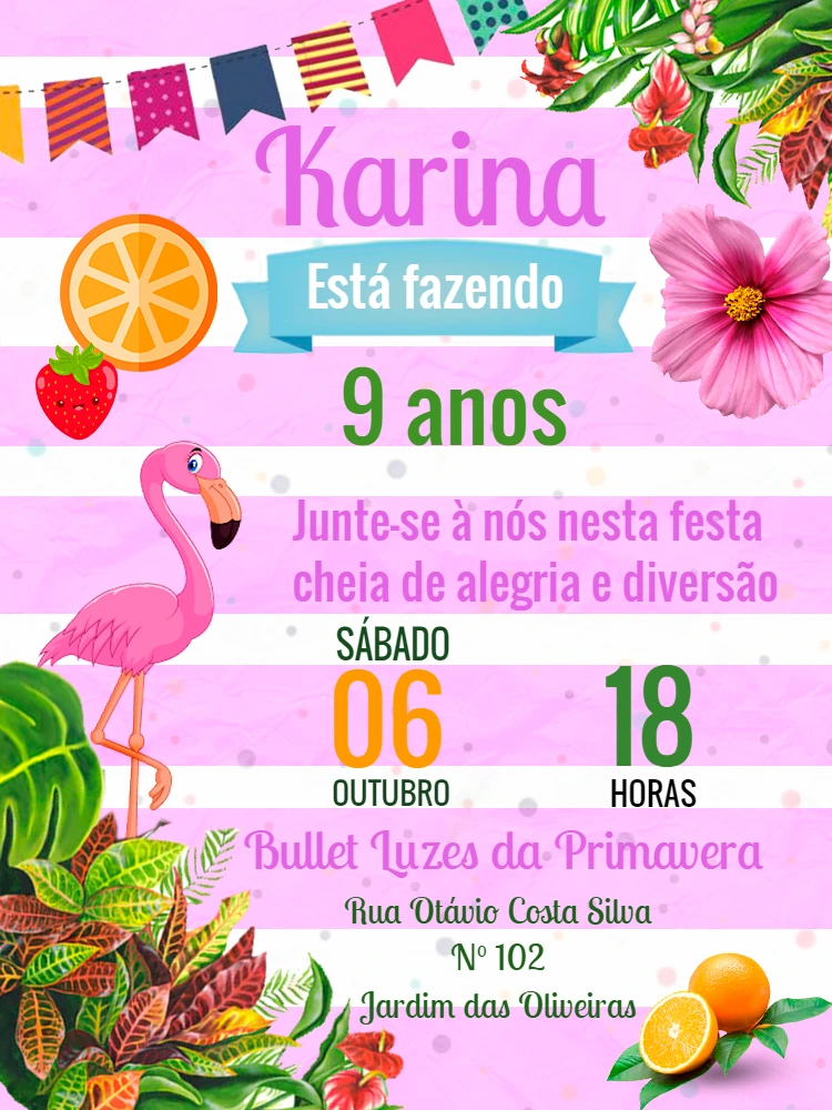 Convite de Aniversário Flamingo Tropical para Editar Online