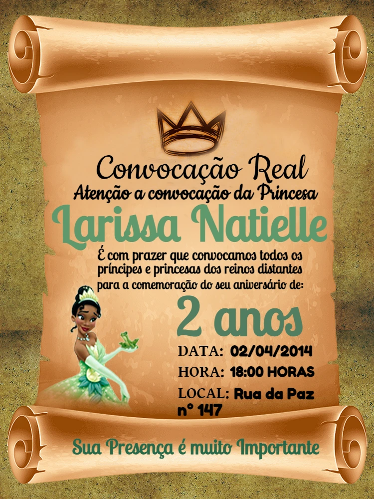 Convite Aniversário Princesa e o Sapo para Editar Online