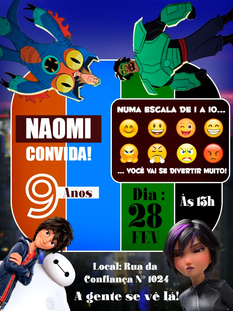 Convite de Aniversário Operação Big Hero com Personagens para Editar