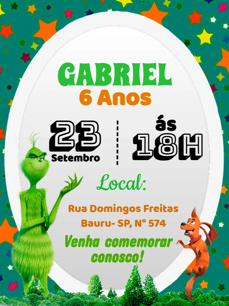 Convite Aniversário Grinch com Personagens para Editar Online