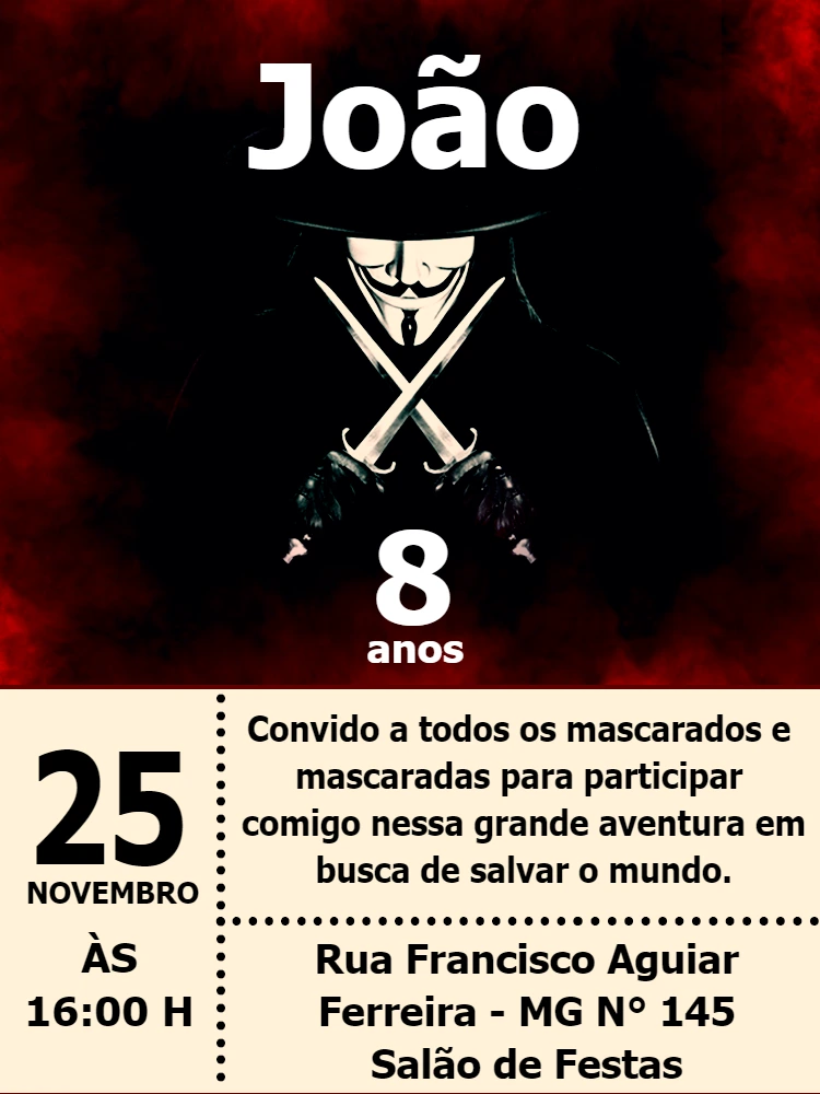 Convite de Aniversário V de Vingança para Editar Online