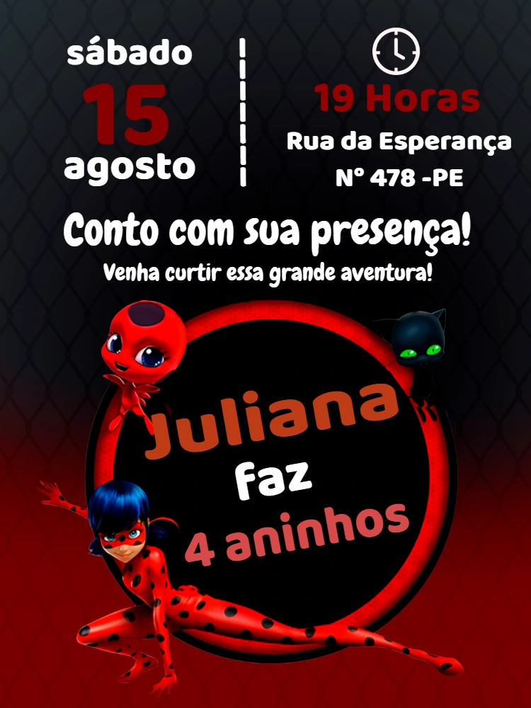 Convite de Aniversário Lady Bug Miraculous para Editar Online