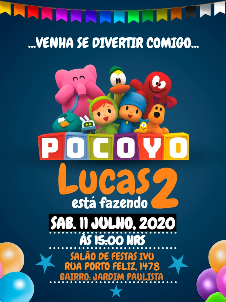Convite de Aniversário Pocoyo e sua Turma para Editar Online