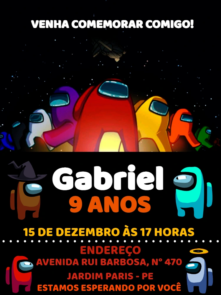 Convite de Aniversário Among Us com Personagens para Editar