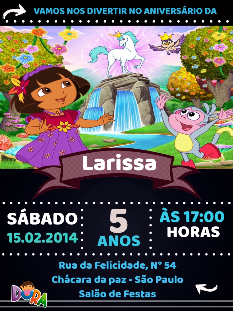Convite de Aniversário Dora Aventureira para Editar Online